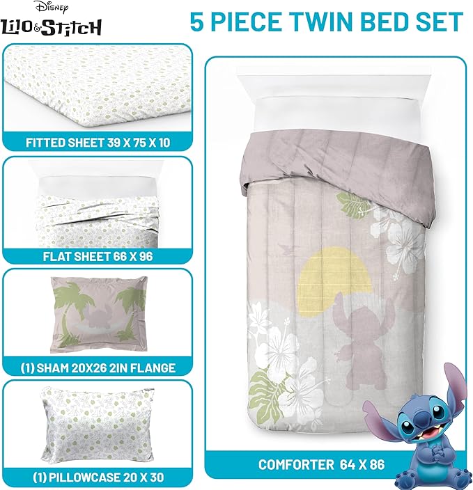 Jay Franco Disney Lilo and Stitch Twin Size Comforter Set - 5 Piece Bedding Includes Sheet Set & Pillow Covers - Super Soft Cozy Bedding