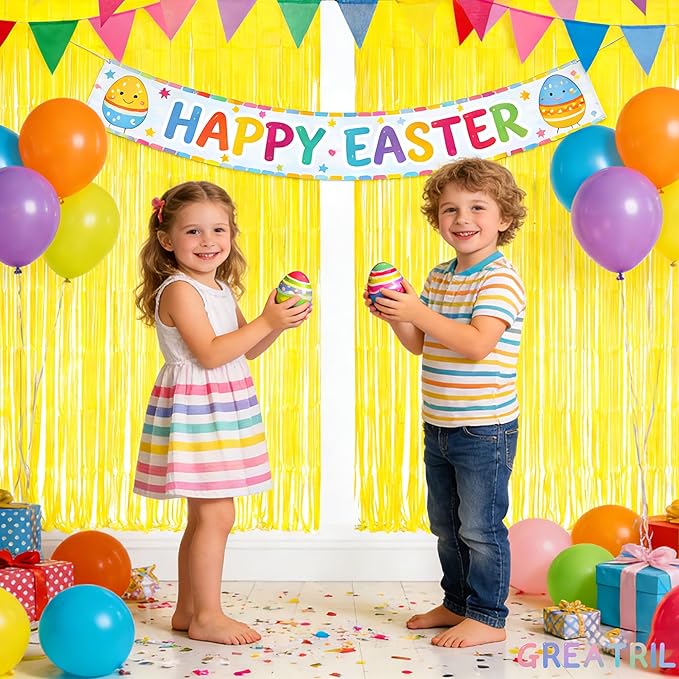 Yellow Streamers Party Backdrop - GREATRIL Foil Fringe for Pineapple/Lemon/Truck/Race Birthdays Party Decoration - 3.2ft X 8.2ft - 2 Packs