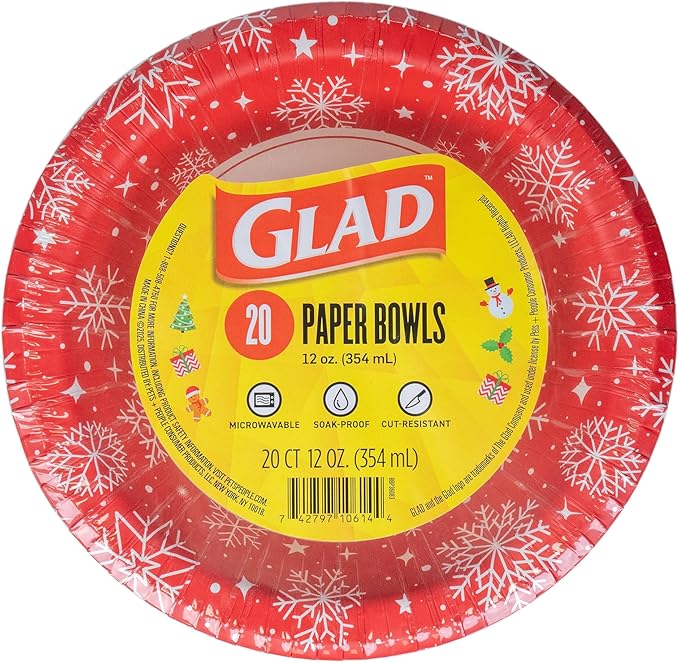 Glad Everyday Disposable Paper Bowls, Red Snowflake Holiday Design - Heavy Duty Soak-Proof Microwavable Paper Bowls - For Soups, Cereals, and Hot Foods, 12 Ounce, 20 Count