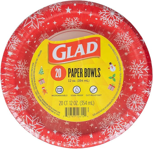 Glad Everyday Disposable Paper Bowls, Red Snowflake Holiday Design - Heavy Duty Soak-Proof Microwavable Paper Bowls - For Soups, Cereals, and Hot Foods, 12 Ounce, 20 Count