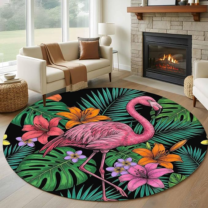 Washable Round Area Rug Pink Flamingos Tropical Leaf Circle Rugs Floor Carpet for Living Room Bedroom, Colorful Lily Blossom Floral Soft Non Slip Round Rug 5ft