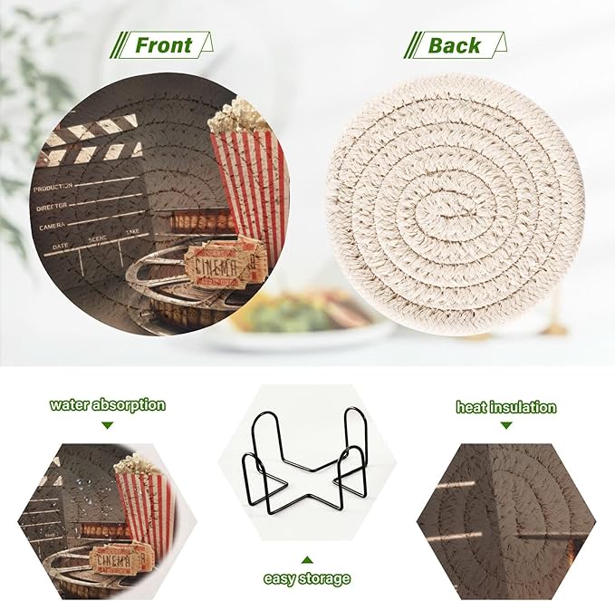 YETTASBIN Movie Theater Popcorn 6 Pcs Drink Coasters with Holder, Cotton Woven Absorbent Heat-Resistant Round Coaster Non-Slip Table Mat for Kitchen Bar Home Decor Housewarming Gift, 3.9 in