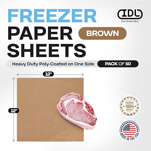 Brown Freezer Paper Sheets 12" x 12", Pack of 50 - USA-Made Paper Sheets for Long-Term Freezing of Meat & Fish - Freezer Pads for Quilting - Bakery Tissue Wraps for Food Storage by IDL Packaging