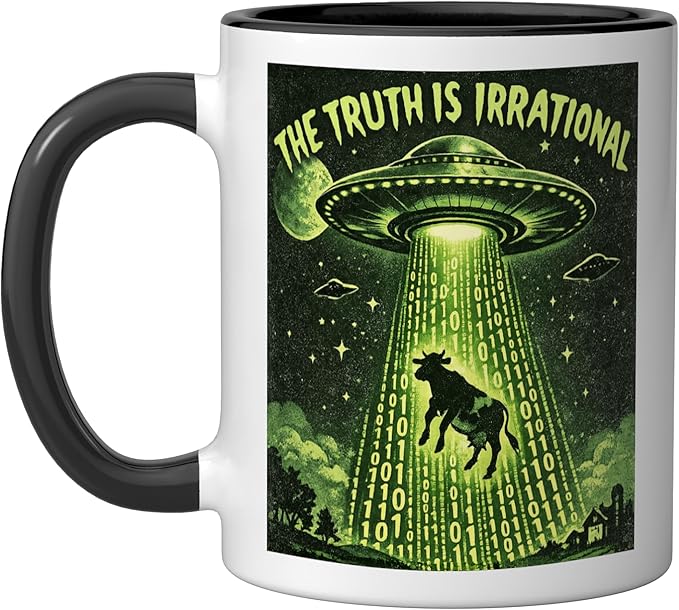 UFO The Truth Is Irrational Cow Abduction 3.14 Math Pi Day Ceramic Mug, Black/White