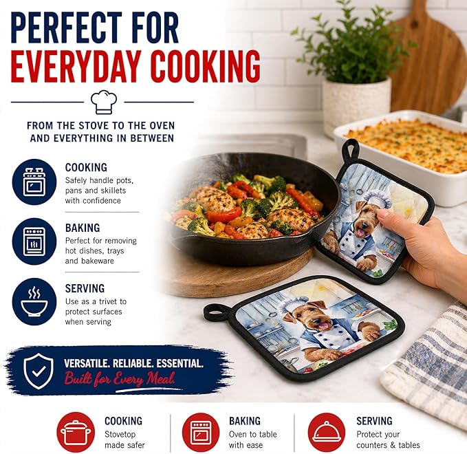 Caroline's Treasures Airedale Terrier The Chef Pair of Pot Holders Kitchen Heat Resistant Pot Holders Sets Oven Hot Pads for Cooking Baking BBQ, 7 1/2 x 7 1/2