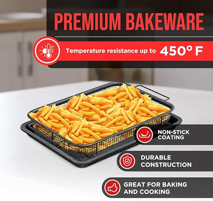 Bakken Swiss Crisper Tray - 2-Piece Set – Gray Marble Coating, Non-Stick Basket for Healthier Cooking in Regular Ovens - Perfectly Crispy Chips, Bacon & More