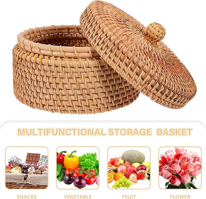 MAGICLULU Vintage Rattan Storage Box with Lid Small Round Woven Basket for Desktop Sundries Organizer Home Kitchen Storage