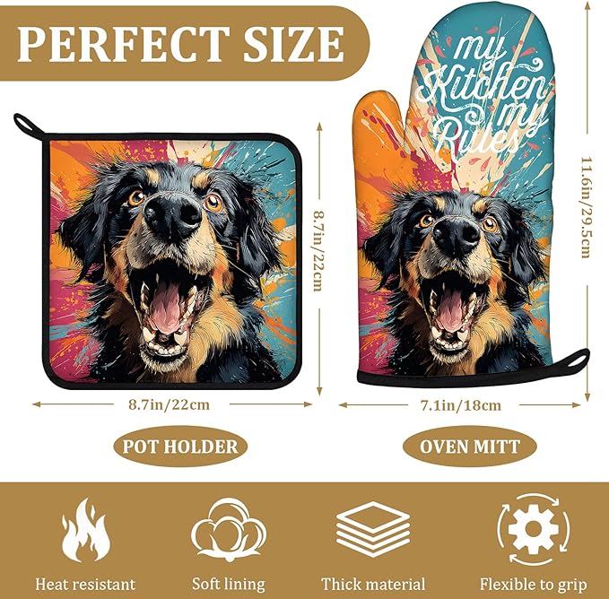 Colorful Happy Dog Oven Mitts and Pot Holders Sets 4Pcs Dog Lover Silicone Kitchen Gloves Heat Resistant Potholders for Baking Cooking Grilling BBQ