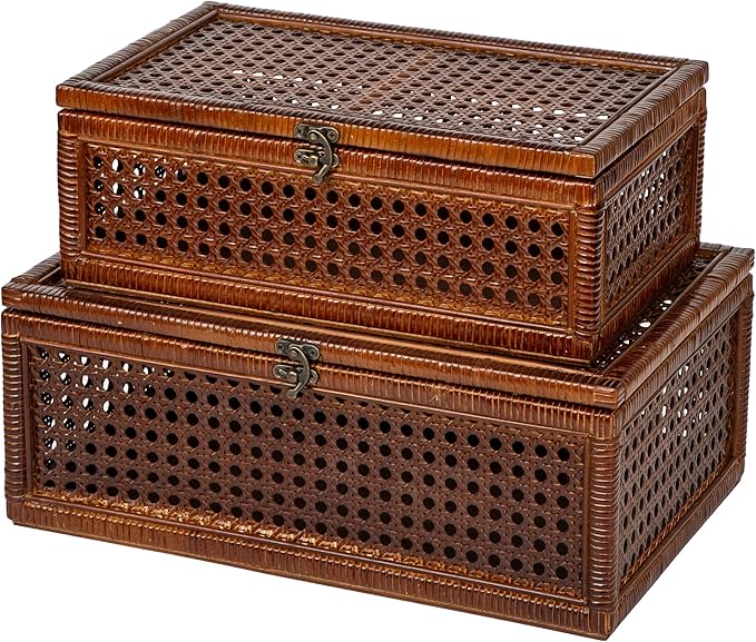 Handwoven Rattan Storage Boxes Set of 2, Decorative Wooden Wicker Chest with Lids and Latches, Vintage Boho Storage Trunks for Living Room, Bedroom, Home Decor