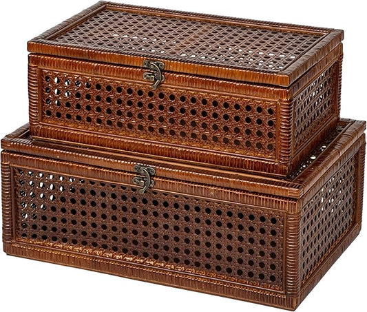 Handwoven Rattan Storage Boxes Set of 2, Decorative Wooden Wicker Chest with Lids and Latches, Vintage Boho Storage Trunks for Living Room, Bedroom, Home Decor
