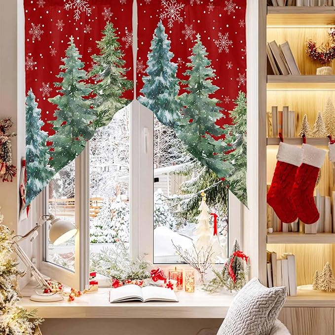 Christmas Tree Swag Valance Curains Winter Pine Tree Xmas Forest Snowflakes Red Rod Pocket Kitchen Curtains Scalloped Window Treatment Valances Swag for Living Room Bedroom, 1 Pair, 36"W x 45"L