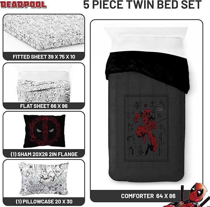 Jay Franco Marvel Deadpool Twin Size Comforter Set - 5 Piece Bedding Includes Sheet Set and Pillow Covers - Gray and Red Super Soft Cozy Bedding