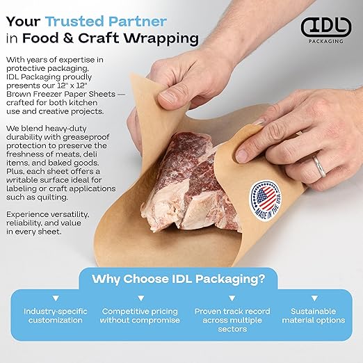 Brown Freezer Paper Sheets 12" x 12", Pack of 50 - USA-Made Paper Sheets for Long-Term Freezing of Meat & Fish - Freezer Pads for Quilting - Bakery Tissue Wraps for Food Storage by IDL Packaging
