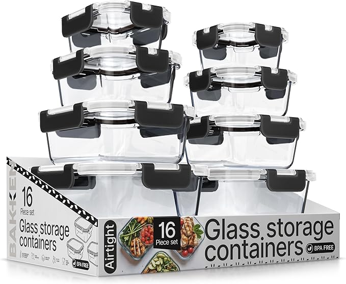 Bakken Borosilicate Glass Food Storage Containers with Lids 16 Pieces, BPA-Free Stackable Lunch & Leftover Containers, Microwave, Freezer & Dishwasher Safe, 100% Airtight Leak-Proof, Black