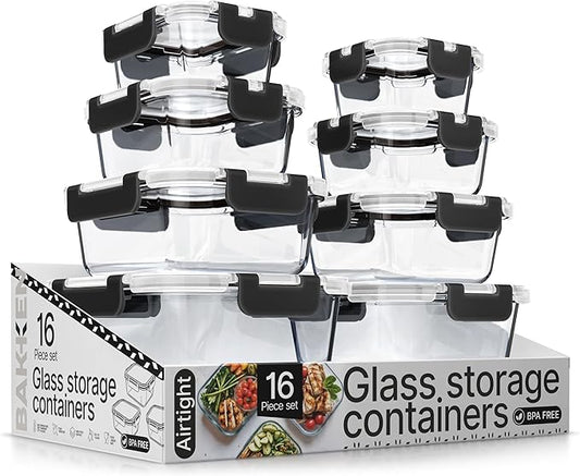 Bakken Borosilicate Glass Food Storage Containers with Lids 16 Pieces, BPA-Free Stackable Lunch & Leftover Containers, Microwave, Freezer & Dishwasher Safe, 100% Airtight Leak-Proof, Black
