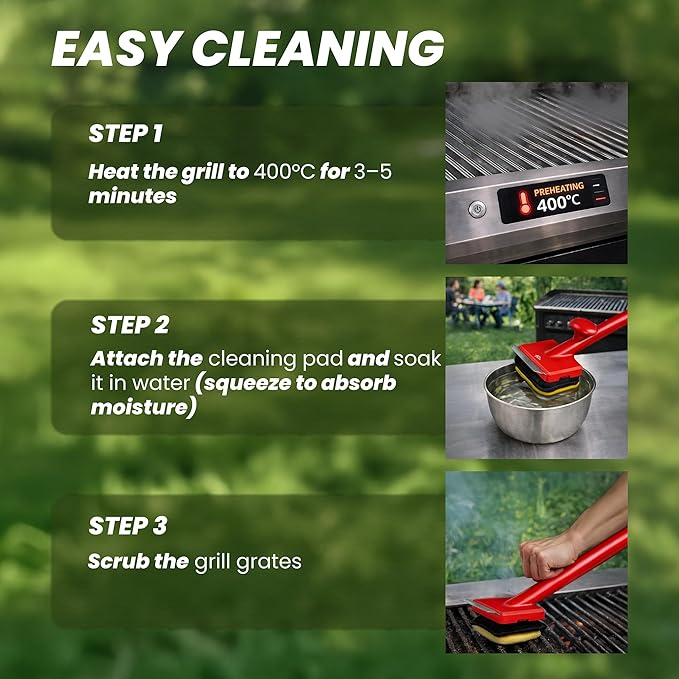Grill Brush Bristle Free with 3 Replacement Brush Heads, Easy-Fit Cleaning Tool for Cast Iron/Stainless Steel Grates, Safe Barbecue Grill Cleaner