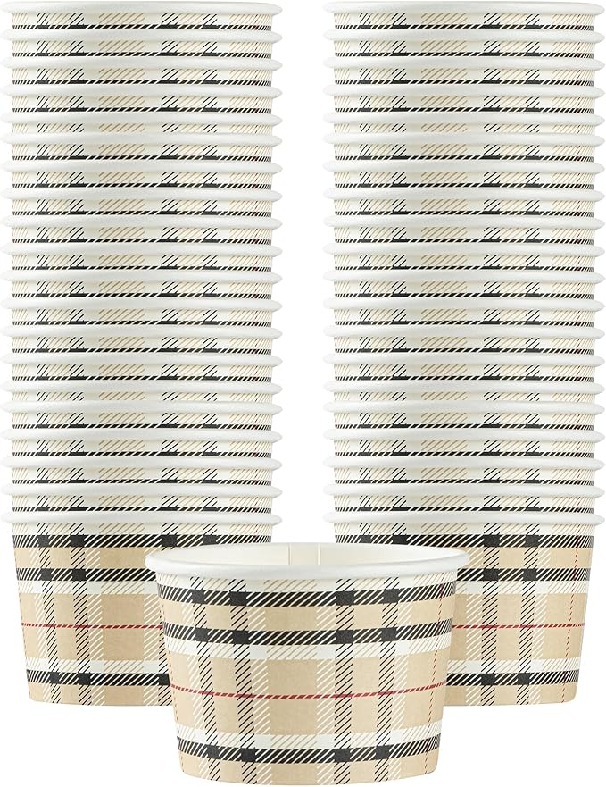 Restaurantware Coppetta 4-Ounce Dessert Cups, 50 Disposable Ice Cream Cups - Lids Sold Separately, Heavy-Duty, Plaid Paper Frozen Yogurt Bowls, For Hot And Cold Foods