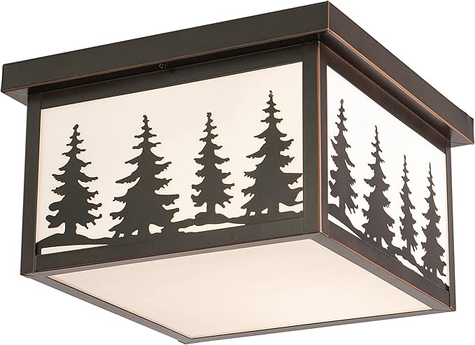VAXCEL Yosemite 11.5 inch Rustic Tree Flush Mount Ceiling Light, Burnished Bronze, White Tiffany Glass, E26 Bulb Compatible, Dimmable, Indoor Outdoor Use, Damp Rated