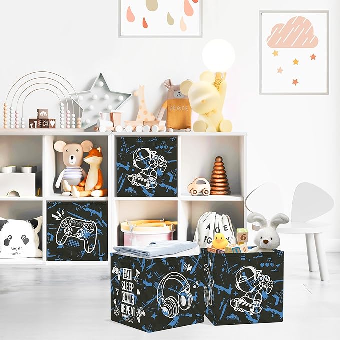 Clastyle 3 Pack 11.8'' Fabric Gamer Storage Basket for Shelves Collapsible Closet Organizers with Metal Frame Bottom Board Large Gamepad Clothes Toy Book Cube Bin for Playroom Bedroom,Blue Black