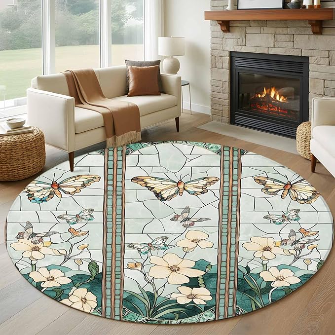Washable Round Area Rug Spring Flower Colorful Butterfly Circle Rugs Floor Carpet for Living Room Bedroom, Vintage Green Plant Soft Non Slip Round Rug 5ft