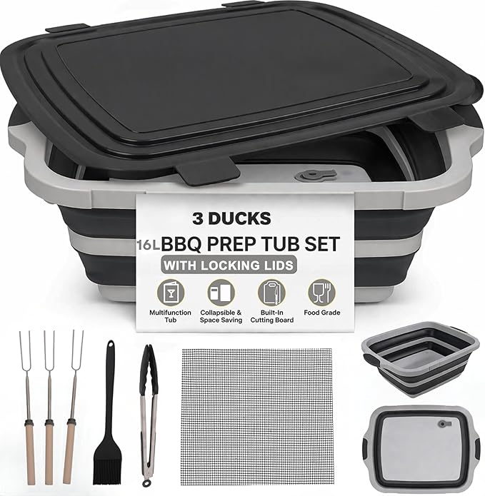 Collapsible BBQ Prep Tub 16L Black | Portable Meat Marinating Container with Locking Cutting Board Lid, BBQ Tongs, Grill Mesh, Silicone Brush & 3 Roasting Sticks for Camping & Outdoor Grilling
