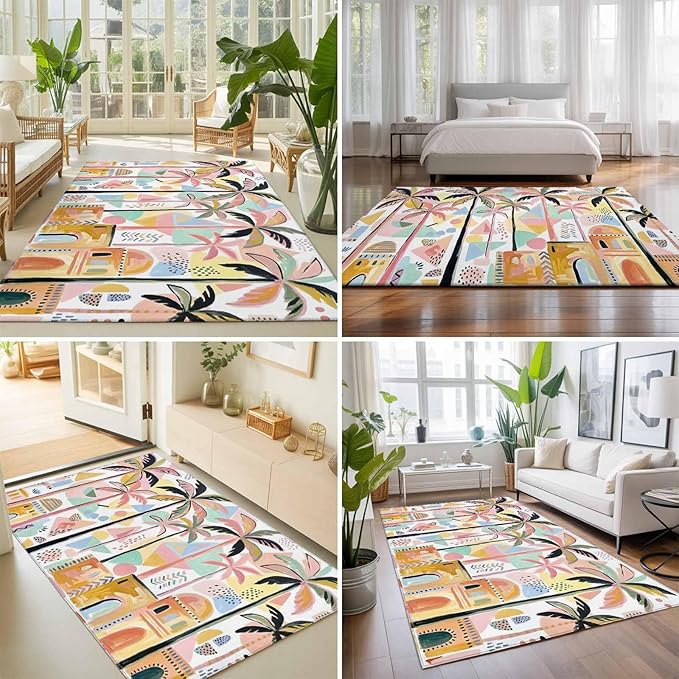 Area Rug 8x10ft, Boho Summer Artistic Palm Trees Washable Rugs for Living Room Bedroom, Abstract Buildings Soft Non-Slip Area Rugs Rectangle Floor Carpet for Dining Room