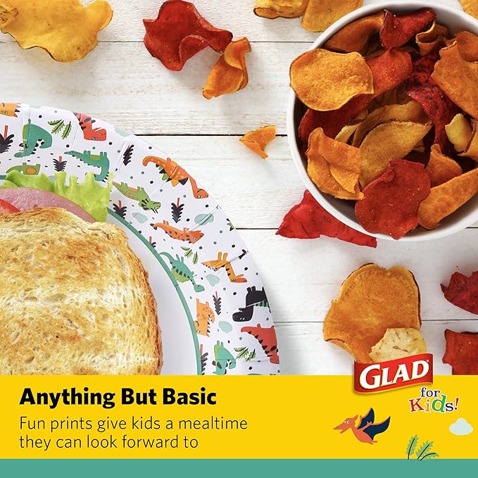 Glad for Kids Dinosaurs Paper Snack Bowls, Colorful Heavy Duty Microwave Safe Disposable Bowls for Soup, Ice Cream, and Snacks, Lids Included, Multicolor, Party Pack, 12 Oz, 20 Count
