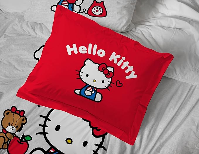 Jay Franco Sanrio Hello Kitty Full Size Comforter Set - 7 Piece Red & Grey Bedding Includes Sheet Set & Pillow Covers - Super Soft Cozy Kawaii Bedding
