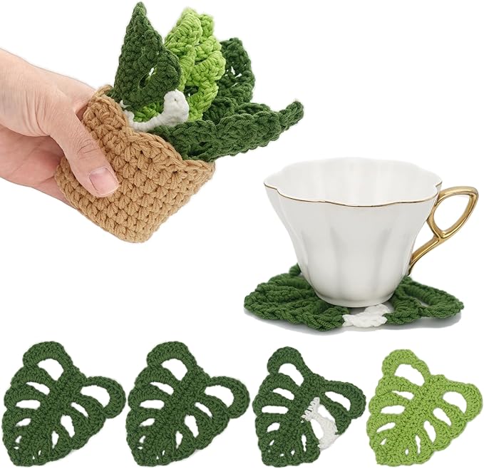DICHA Monstera Crochet Coasters with Plant Pot-Container Beverage Coaster Sets with Holder Bar Coasters for Drinks Coffee Table Desk-Succulent Plant Pot Coaster-Set of 5