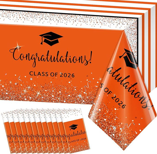 12 Pack Class of 2026 Graduation Tablecloths,Foil Dot Plastic Disposable Rectangle Table Covers for 2026 High School University College Graduation Party Decorations,108*54 Inch (Orange and Black)