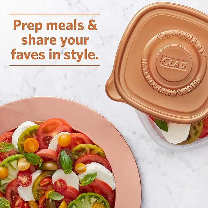 Glad GladWare Home Collection Tall Entree Food Storage Containers with Copper Metallic Lids, Large Square No BPA Plastic for Meal Prep and Lunches, Lock Tight Seal, 42 Oz, 3 Count - 6 Pack