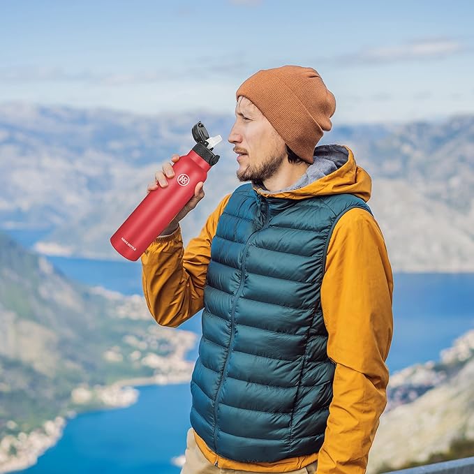 Han's Bottle Sports Water Bottle - 32 Oz, Straw Lid, Leak Proof, Vacuum Insulated Stainless Steel, Double Walled, Thermo Mug,Red