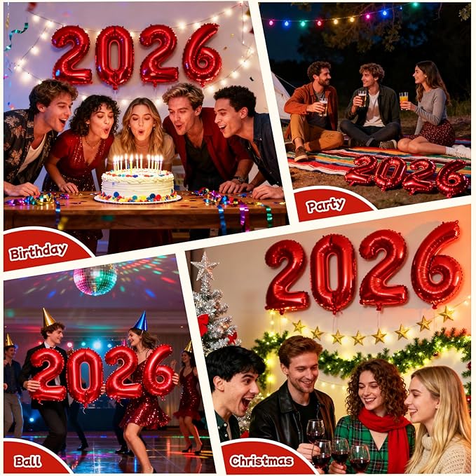 Red 2026 Balloons, Jumbo 40 Inch Foil 2026 Number Balloons, Grad Balloons for Class of 2026 Graduation Party, Red Matellic Foil New Year Birthday Home Office Party Supplies