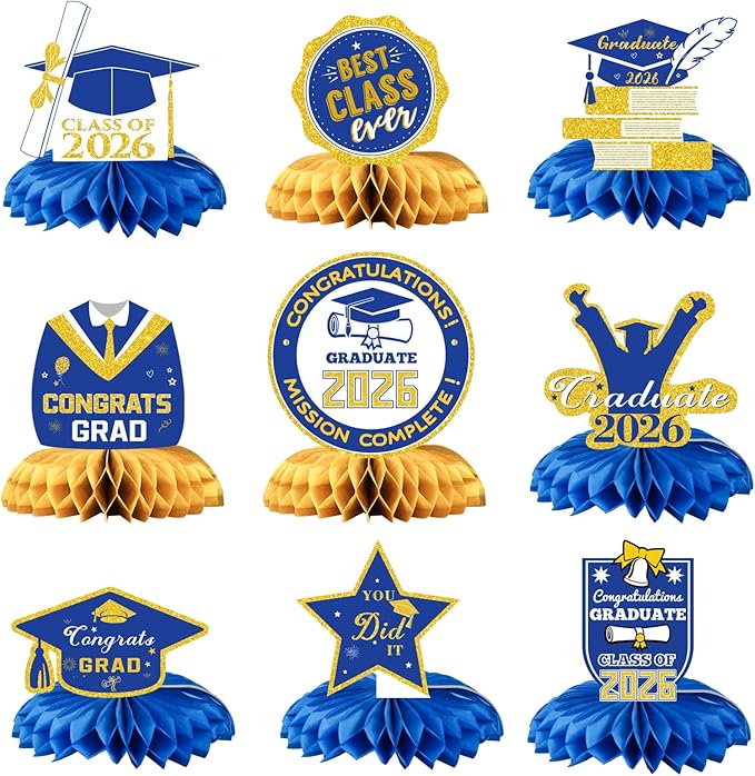 Class of 2026 Graduation Decorations - 9PCS Blue Gold Table Centerpieces, 2026 Congrats Grad Honeycomb Centerpieces Table Decor for Graduation Party Supplies