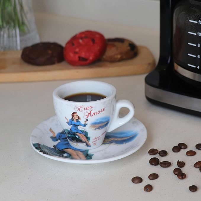 Lorren Home Porcelain Espresso Cups and Saucers, Vespa Scene Design, 3 Oz, Set of 6