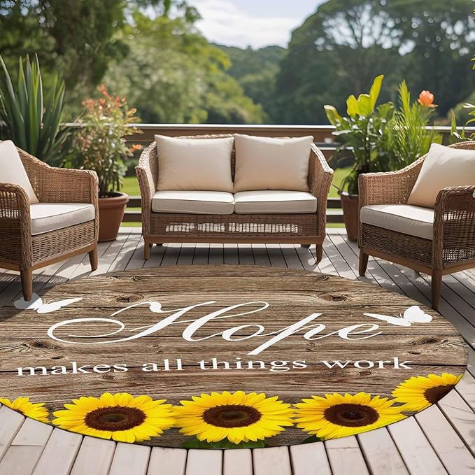 Washable Round Area Rug Farm Sunflower Positive Energy Quote Circle Rugs Floor Carpet for Living Room Bedroom, Retro Dark Brown Wood Grain Soft Non Slip Round Rug 5ft
