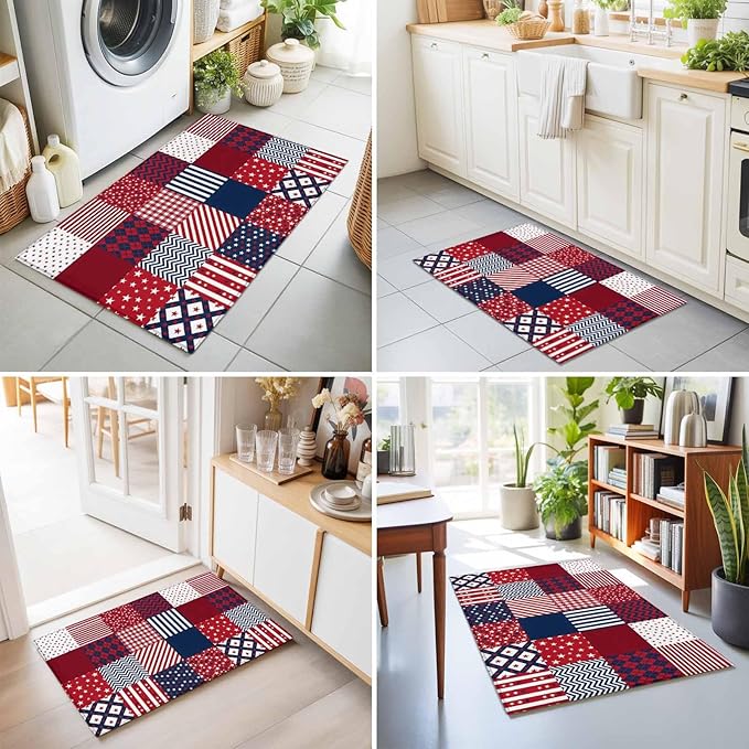 Area Rug 2x3ft, Abstract Splicing Stars Stripes Washable Rugs for Living Room Bedroom, Independence Day Red Blue White Soft Non-Slip Area Rugs Rectangle Floor Carpet for Dining Room