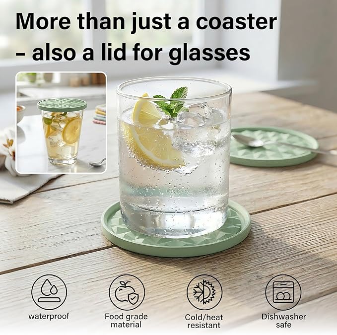 Silicone Coasters for Drinks[6 Pack, Sage Green] Diamond Design Cup Mat with Holder for Tabletop Protection Non Slip, Non Stick, Coffee Table Decor, Great Gift for Any Occasion