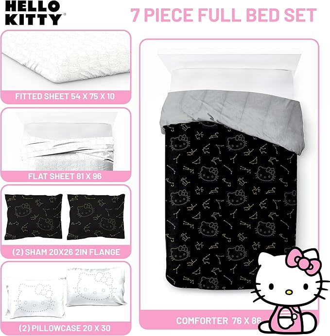 Jay Franco Hello Kitty Stars Full Comforter Set - 7 Piece Bedding Includes Sheet Set & Pillow Covers - Super Soft Zodiac Black & Gold Bedding