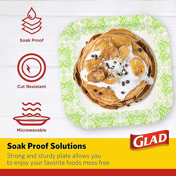 Glad Square Heavy Duty Paper Plates, Soak Proof and Cut Proof Disposable Plates for Parties and Everyday Meals, Microwaveable for Easy Serving, Green Victorian Pattern, 10 Inch, 100 Count - 6 Pack