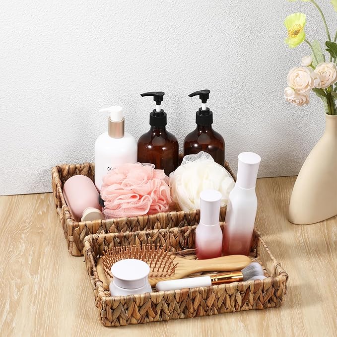 2 PCS Rattan Tray Rectangle Handwoven Weaving Basket Trays for Decor, Wicker Trays with Handles, Water Hyacinth Wicker Serving Tray for Storage Organizing Bathroom Home