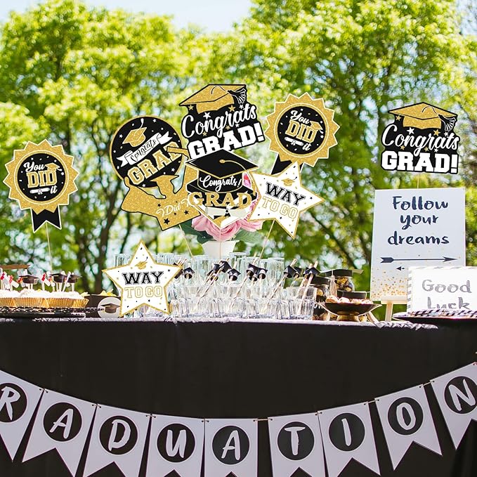 2026 Graduation Party Decorations - 24 Pcs Class of 2026 Congrats Grad Table Centerpieces Graduation Table Decorations Sticks Table Toppers for Graduation Party (Black Gold)