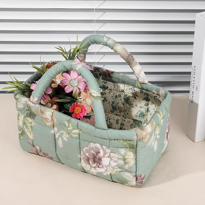 Quilted Fabric Storage Basket Floral Baby Diaper Caddy Quilted Basket for Nursery Bedroom Car Storage