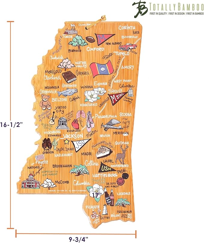 Totally Bamboo Mississippi State Shaped Cutting Board and Charcuterie Serving Platter with Artwork by Fish Kiss, Includes Hang Tie for Wall Display