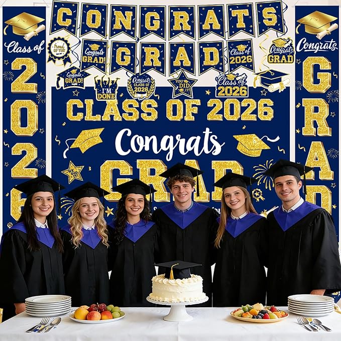 Graduation Navy Blue Gold Decorations Include Grad Backdrop, Banner, Hanging Swirls, Porch Sign, Balloons for Congrats Grad Party Decorations