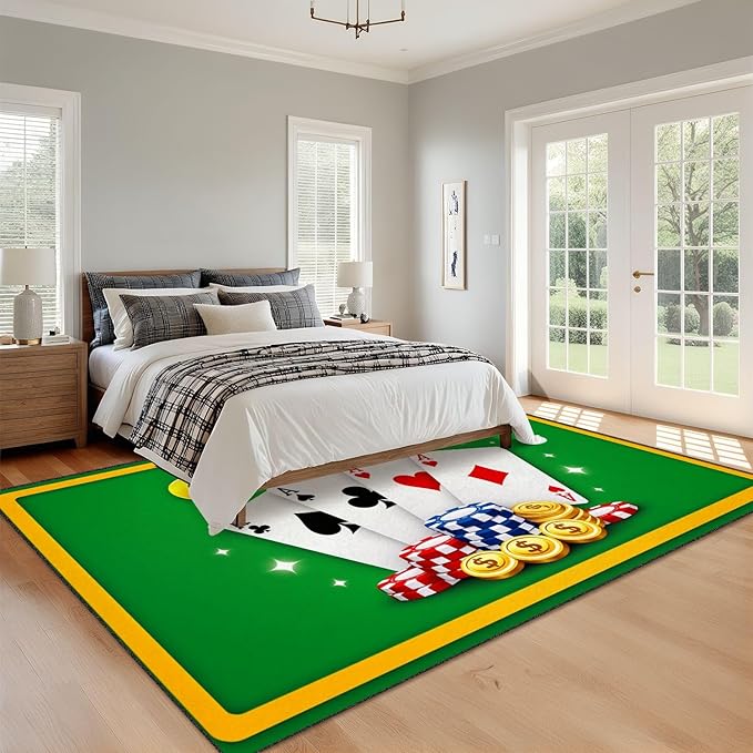 8x10 Area Rugs for Bedroom Boho Washable Man Cave Rug for Living Room Casino Theme Playing Cards Poker Chips Dollar Coins Soft Rubber Backed Non-Slip Large Carpets for Boys