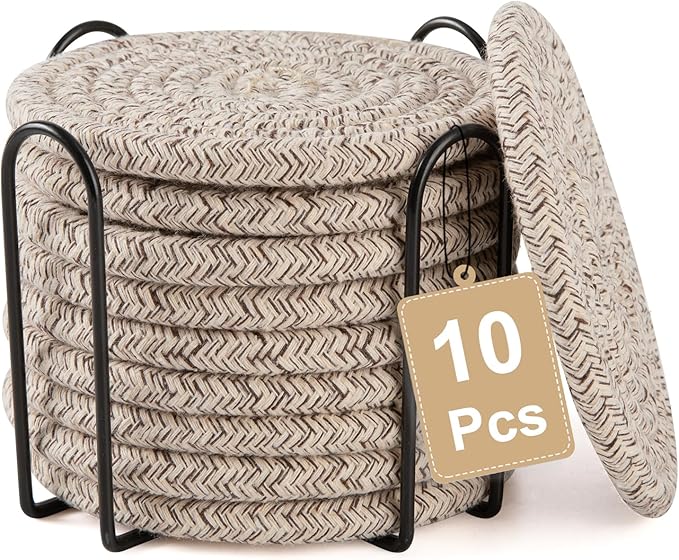 OIAHOMY 10 Pcs Drink Coasters with Holder, Boho Cotton Woven Coaster Set, Absorbent Coaster Protection for Various Cups, Ideal for Coffee Tables Home Decor and Gift, 4.3 Inches,Mixed Brown