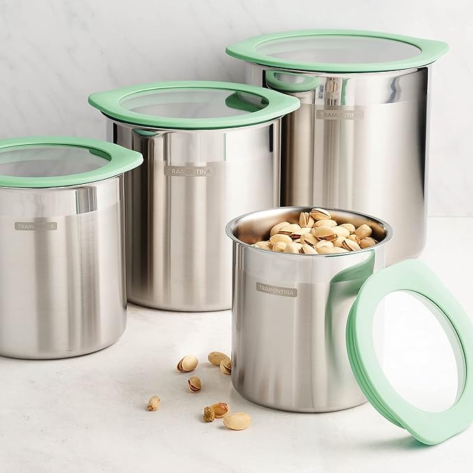 Tramontina 4-Piece Food Storage Containers with Silicone Lids, Stainless Steel Reusable Canister Set, Kitchen Pantry Organizer for Oats, Flour, Cereal, Sugar, Snacks (Mint Green)