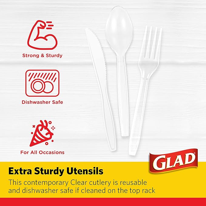Glad Clear Disposable Cutlery Set with Heavy Duty Plastic Forks, Knives, and Spoons, Reusable Dishwasher Safe Plastic Utensils for Parties and Everyday Use, 150 Count - 6 Pack