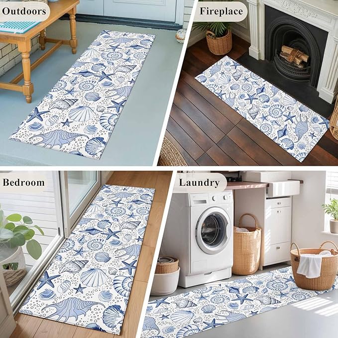 Runner Rug for Bedroom Hallway, Navy Blue Starfish Conch Shell Seamless Kitchen Runner Rugs Area Rug 2x6ft, Summer Ocean Bubbles Washable Soft Floor Carpet for Entryway Stair